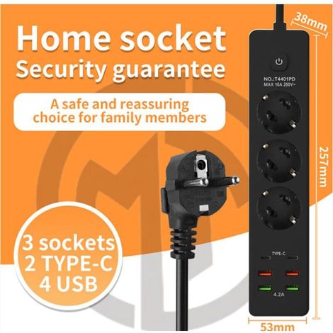 Multiprise Convertisseur EU 10A/250V – Idéal Bureau & Voyages,Cordon d'alimentation T4401PD-3 mètres [Noir] (1/5)
