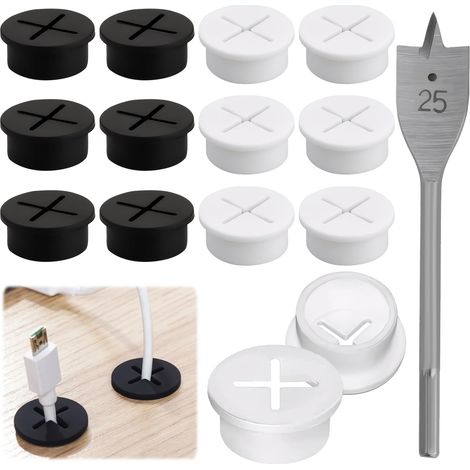 Lot de 12 passe-câbles flexibles en silicone - 25 mm - Noir et blanc - Passe-câbles ronds - En plastique - Pour bureau, maison, lieu de travail (avec 1 perceuse) (1/5)