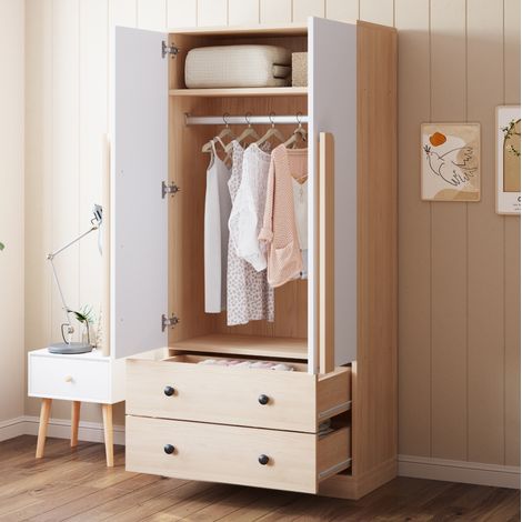 Armoire 70x40x170 cm blanc et bois en bois avec 2 portes, 2 tiroirs et compartiment de rangement (1/5)