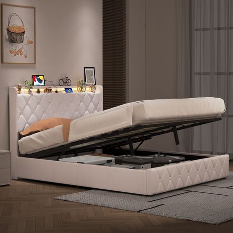 Lit double 160x200 coffre hydraulique capitonné Chesterfield beige, tête de lit avec rangement, éclairage LED et port USB, sommier à lattes, lit rembourré chic contemporain sans matelas (1/5)