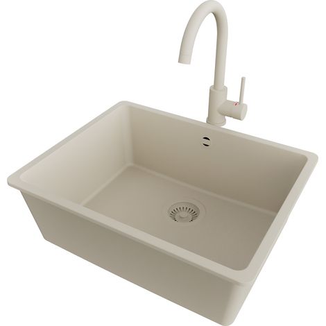 PRIMAGRAN Evier Cuisine en Granit 56x44cm,Lavabo 1 bac + Robinet 32x20cm + Kit de Vidage, Évier à Encastrer au meuble 60cm - Venise Slim Easy, Beige (1/5)