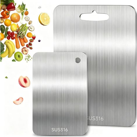 2 Pièces Planche à Découper Inox, 316 Planche en Inox, Planche À Découper Antiadhésive Double en Acier Inoxydable 316 pour Fruits, Viande, Légumes (34 23cm+25 15cm)
