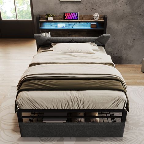Lit capitonné 90x200 cm gris avec LED, USB-C, tête de lit avec rangement, tiroir, sommier à lattes métalliques, sans matela (1/5)