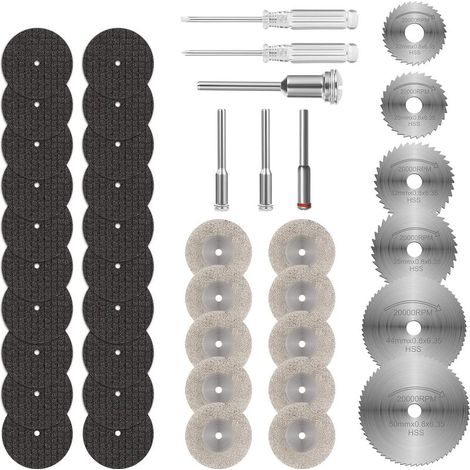 42PCS Mini Disque Diamant à Tronçonner, Disques de Coupe pour Dremel, HSS en Résine Lame Scie Circulaire avec 5 Mandrins SC et 2 Tournevis pour Couper Bois, Métal, Plastique, Pierre (1/5)