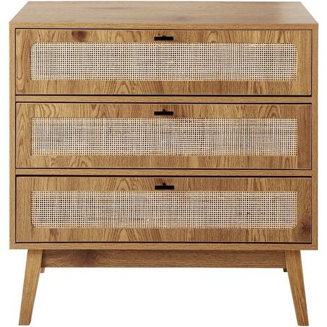 CALICOSY - Commode 3 tiroirs avec façades en rotin et pieds en bois L80 cm - ALIA (1/5)