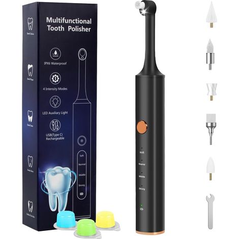 Kit de Blanchiment Dentaire avec Polisseuse, Nettoyage des Dents, 5 Têtes de Rechange Multifonction, Rechargeable par USB, Étanche, Noir (1/5)