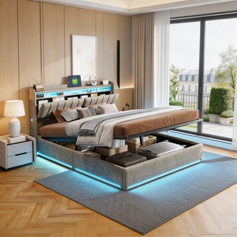 Lit 140 x 200, lit 140x200 avec sommier, cadre de lit, Lit coffre, avec LED, coffre hydraulique, avec tete de lit, gris, velour (1/5)