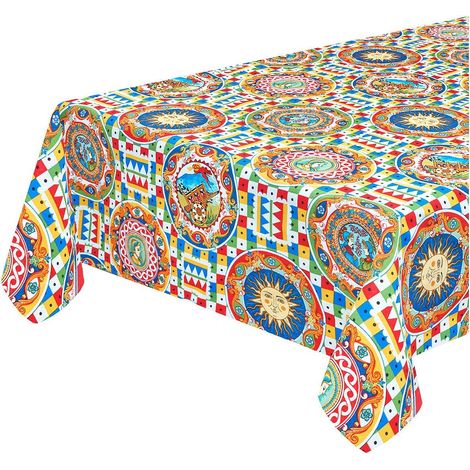 Tovaglia Cucina Cotone Bordata Copritavolo Mosaico Siciliano 100% Made In Italy - 135x180 cm