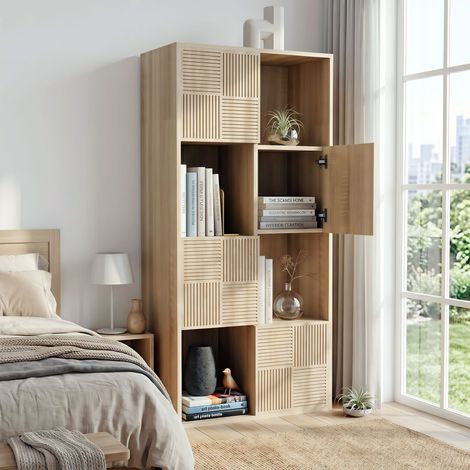 Bibliothèque Meuble de Rangement Scandinave 8 Compartiments 4 Portes - 60x30x125 cm - Étagère Modulable Style Moderne pour Salon Bureau - Chêne Clair