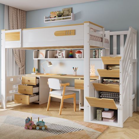 Letto a soppalco bambino 90x200 cm con scrivania, cassetti, mensola sospesa e scala contenitore, legno bianco naturale (1/5)