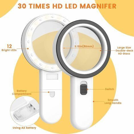 Beleuchtete Leselupe, 30-fache Vergrößerung mit 12 LEDs, Handlupe, beleuchtete Lupe zum Lesen und für Schmuck (1/4)