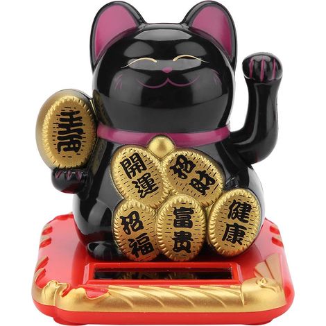 Gatto di benvenuto ad energia solare, adorabile che saluta la fortuna, la fortuna, la decorazione per la casa, per l'auto (nero)