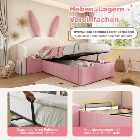 Lit Enfant 90x200 cm, Banquette avec Rangement Hydraulique, Sommier à Tête de Lit Oreilles de Lapin, Tissu Velours, Beige et Rose, Sans Matelas (1/5)