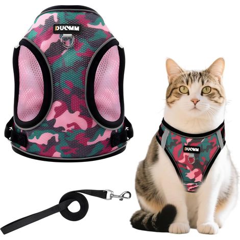 1 - Harnais pour chat - Laisse - Maille respirante - Réglable anti-fuite avec anneau en D - Pour chats et petits chiens - Rose noir - 30x34 cm (1/5)