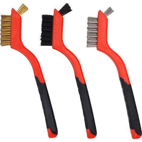 Jeu de petites brosses métalliques, 3 pièces, avec poignée souple, pour l'élimination de la rouille de la peinture, nettoyage des crevasses, jaune (1/5)