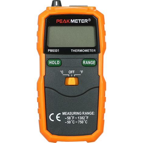 Thermomètre numérique PEAKMETER PM6501 à affichage LCD, type K, avec thermocouple et fonction de maintien/enregistrement des données. (1/3)