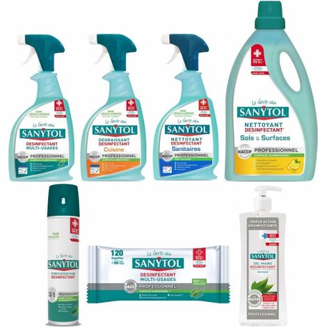 Pack SANYTOL 7 produits nettoyant désinfectant multi usages, sol senteur citron, air, mains, ...