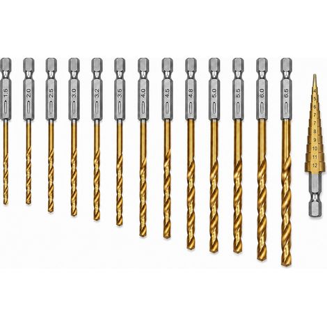 13 Pièces Forets Hélicoïdaux à Tige Hexagonale Jeu de Forets HSS Hexagonaux, Foret Pour Visseuse avec Revêtement Titane 1,5-6,5 mm, Meche Metal pour Acier, Aluminium, Bois et Plastique (1/5)