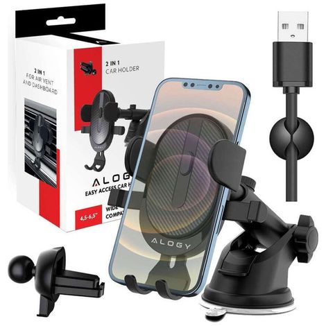 Soporte para coche Alogy 2 en 1 con sistema de gravedad para teléfonos de 6,5", para parabrisas, salpicadero, parrilla, fácil de usar con un solo toque + organizador. (1/5)