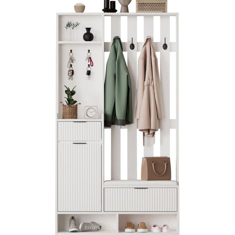 Porte-manteau 6-en-1 100x30x180cm, blanc, avec 8 crochets, banc à chaussures, étagères, tiroirs et armoire, antidérapant, meuble d'entrée compact largeur 100cm, stabilisateur anti-basculement (1/5)