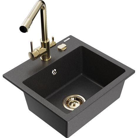 Mexen Milo 1-Becken-Granit-Spüle mit Mischbatterie Duero, Schwarz gesprenkelt - 6505-76-671600-50 (1/5)