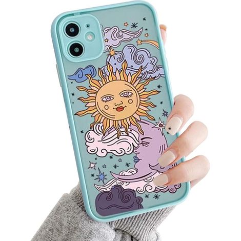 Coque compatible avec l'iPhone 12 [Non compatible avec l'iPhone 12 Pro] : coque arrière transparente en polycarbonate givré avec motifs 3D soleil et lune, et contour souple en silicone TPU pour iPhone