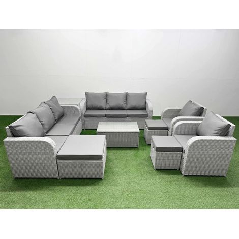 Fimous PE Rattan High Back Lounge Sofa Set Patio Coffee Table & Chairs Set with 3 Seater Sofa Reclining Chair 3 Stools Side Table Light Grey (1/4)