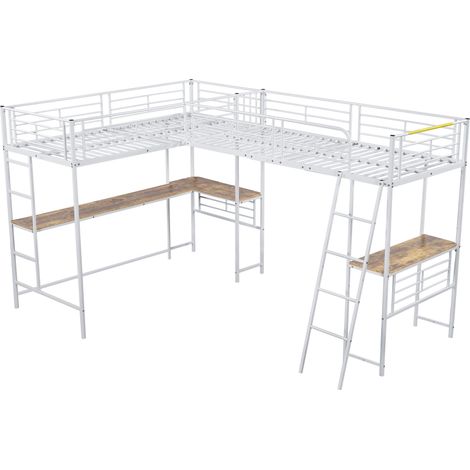 Cama alta 90 x 200 cm de metal y MDF blanco con escritorio y doble escalera (1/5)