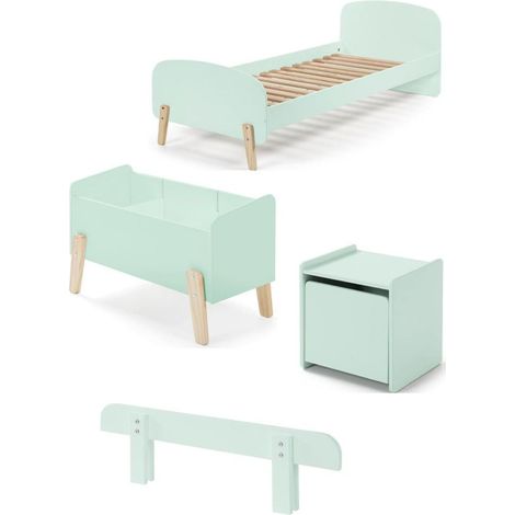 Pack - Lit Enfant, Chevet, Barrière & Coffre "Kiddy" 90x200cm Vert Menthe (1/5)