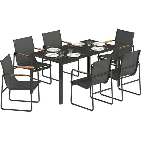 Juego de comedor negro de 7 piezas – Capacidad para 6 personas – Mesa y sillas de cristal – Reposabrazos decorativos – Lona resistente
