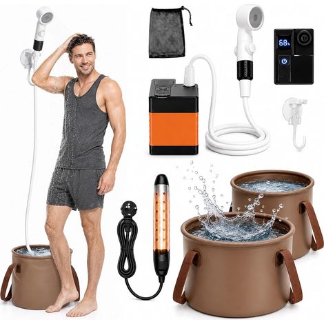 Douche de camping avec tige chauffante, douche d'extérieur avec pompe batterie 5200 mAh, kit pompe de douche avec fonction chauffage et réservoir d'eau de 20 l, pompe de camping pour voyage (1/5)