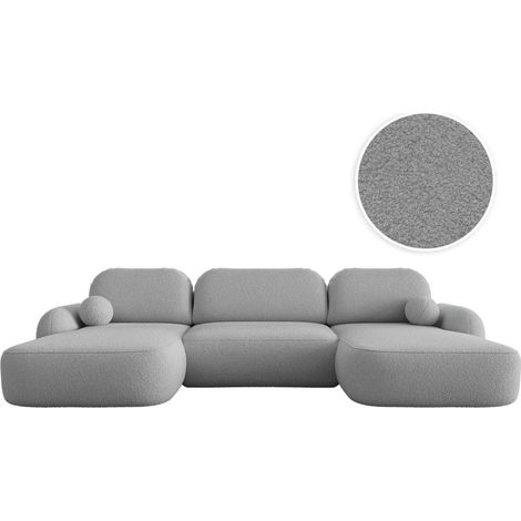 Canapé panoramique convertible 6 places MILLY avec coffre en tissu bouclette - Gris clair