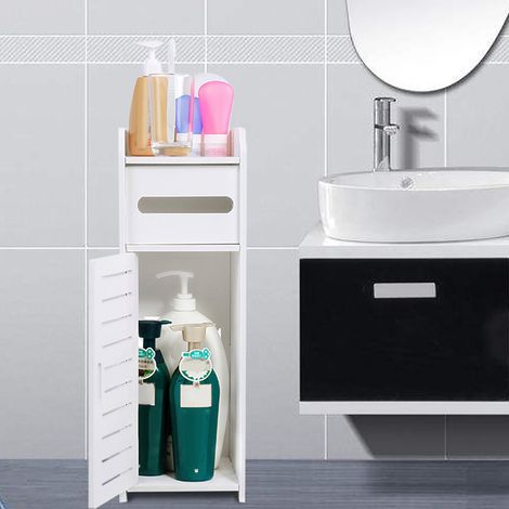 Meuble de salle de bain en bois blanc, étagère de rangement pour toilettes, gain de place (1/5)