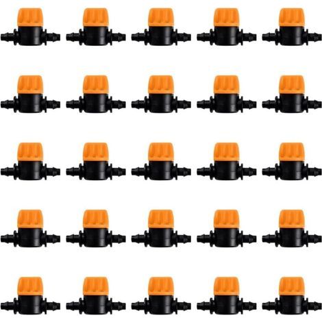 25 Pièces 4/7 Vanne D'irrigation, Mini Valves de Contrôle pour Tuyau d'arrosage 4/7mm, Valves d'arrêt Cannelées 1/4 Pouce Tuyau d'irrigation Goutte à Goutte, Mini Tuyau Vanne d'eau Travers (1/4)