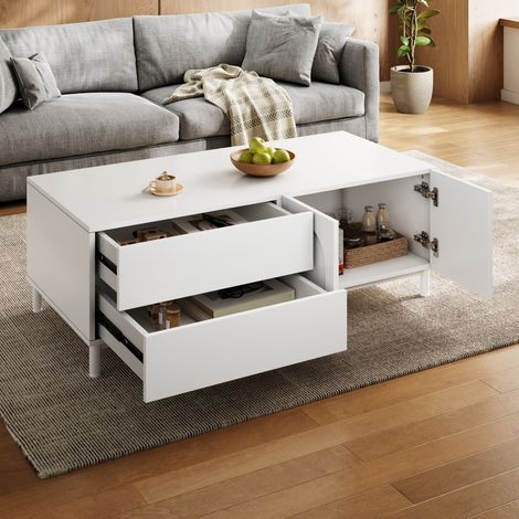 Table basse rectangulaire avec rangement, 2 tiroirs et 2 portes, 100 x 50 x 39,5 cm, blanc DESVIAE (1/5)