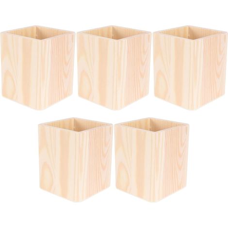Set of 5 Unfinished Wooden Pencil Pots 10 x 8 x 8 cm Versatile Desk Organiser for Pens Makeup Brushes and Supplies DIY Storage Holder (1/5)