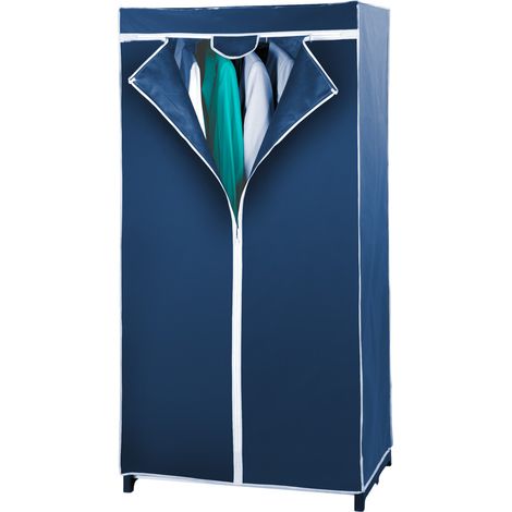 Wenko – Armoire penderie en toile bleu foncé – Ouverture complète avec fermeture éclair – Stable avec monture métallique – Dimensions 75x150x50 cm
