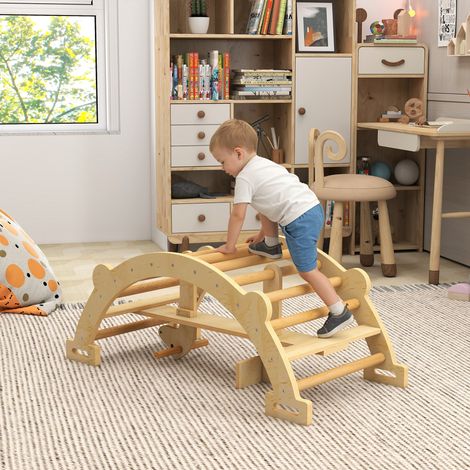 Arche escalade 2 Bois en 1 + structure Montessori cheval à bascule enfants 4 ans naturel