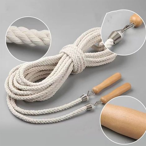 Corde à sauter blanche de 3 m avec poignée en bois, cordon simple en coton, idéale pour l'entraînement et les élèves. (1/5)