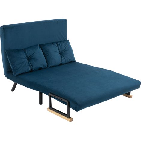 2-Sitzer-Schlafsofa mit 5-fach verstellbarer Rückenlehne, 2 gepolsterten Kissen und blauem Samtbezug