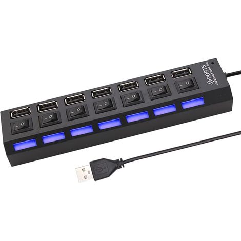 Hub USB 2.0 multi-ports avec adaptateur secteur, hub USB 2.0 4/7 ports avec commutateur pour PC (7 ports - Noir)