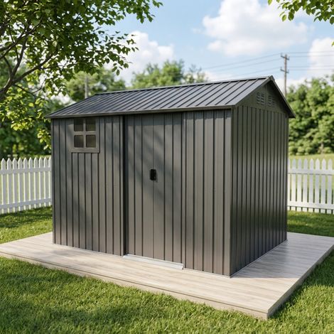Gerätehaus Metall grau 4,17m² Gartenschuppen verzinkt mit Schiebetür Fenster 255x184x193cm wetterfest