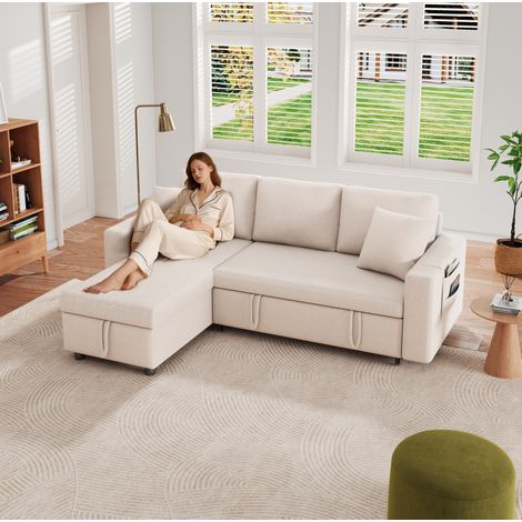 Canapé d'angle convertible 219.5x142.5x83 cm beige en lin avec coffre, méridienne réversible et poches (1/5)