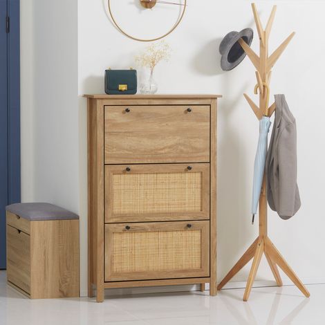 HOMCOM Meuble à Chaussures Armoire - 3 Portes Abattantes Effet Cannage Rotin, Bois Naturel