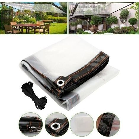 Bche transparente illets - 1 x 2m - Bche polythylne impermable - Rsistante aux intempries - Pour terrasses, balcons, tonnelles, salons de jardin - Avec corde (1/5)