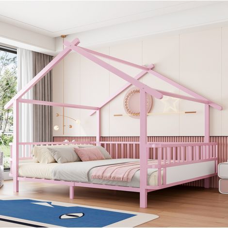 Cama infantil 140x200 cm rosa de metal con estructura de casita y barandillas de seguridad (1/5)