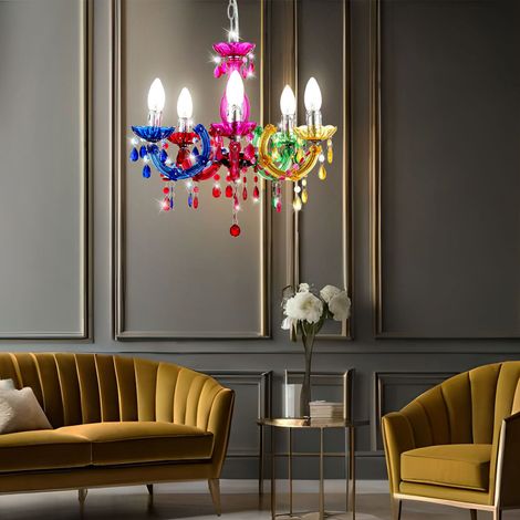 Lustre moderne suspension lampe de chambre 5 flammes, cristaux colorés, métal acrylique, 5x E14, DxH 44 x 128 cm (1/5)