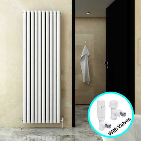 ELEGANT Central Heating Radiator 1800 x 590mm Vertical White Double Panel Oval Column Rad + White Thermostatic Radiator Valves (1/5)