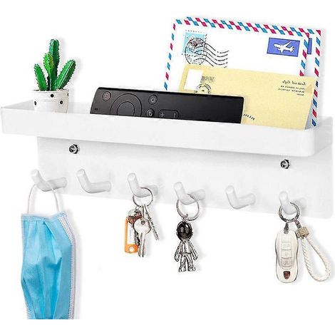 Porte-clés moderne à 6 crochets, support mural sans perçage, crochets pour clés muraux pour entrée, cuisine, bureau, salle de bain, salon (blanc) (1/5)