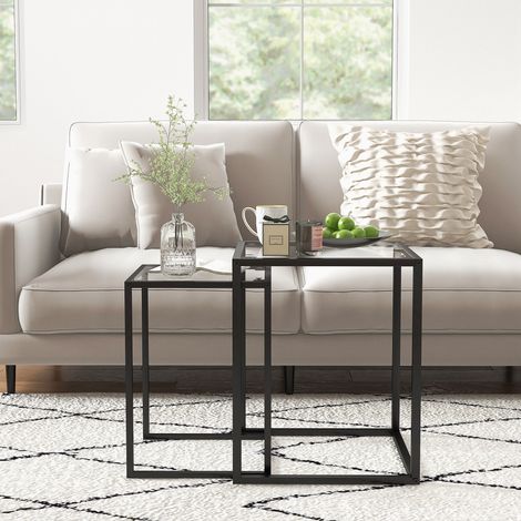 2er-Set platzsparende, moderne quadratische Couchtische aus Stahl und gehärtetem Glas, Schwarz